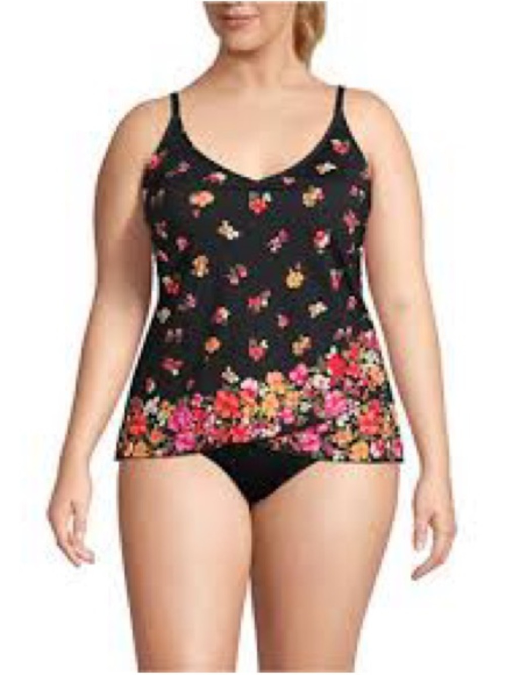 Lands’ End Floral Tulip Tankini Swim Top Women’s M 10-12 Black Multicolor Pink